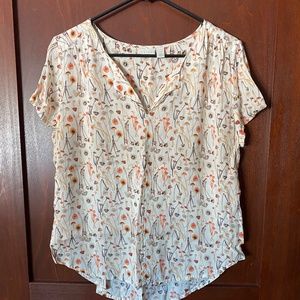 Hinge Cream Mushroom Print V-neck Cap-sleeved Blouse, Size Medium